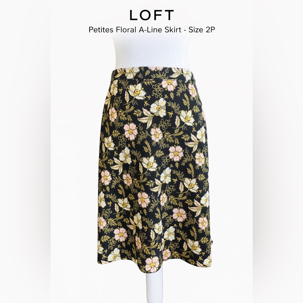 LOFT Black Floral A-Line Skirt